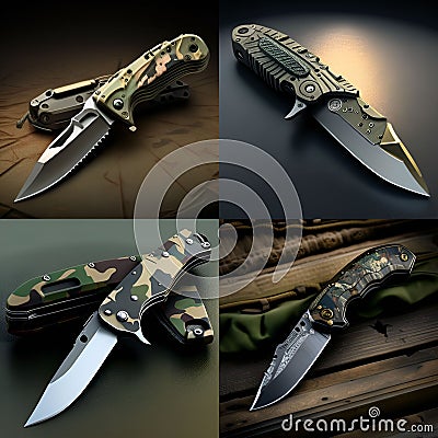 Image generated neural network folding knives beautiful military rare design cutting edge colored handle macro background Stock Photo