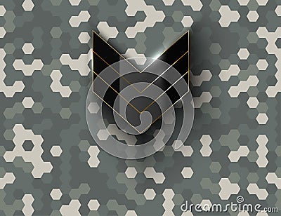 Military black glossy sergeant rank sign on hex pixel camouflage background. Modern army camouflage hexagon pixel texture. Vector Illustration