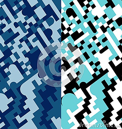 Military Blue Geometric Pixel Camouflage Textures Vector Illustration