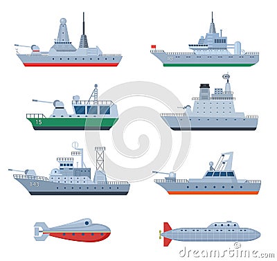 Military boats. Combatant warship, security frigate. Isolated naval defense combat icons. Force and war navy, flat Vector Illustration