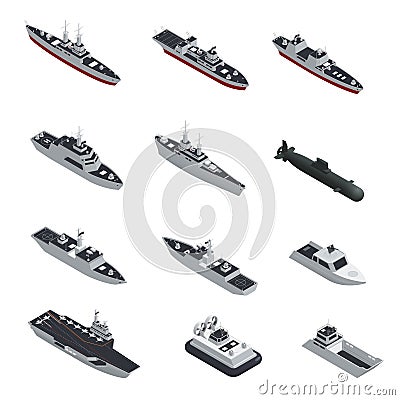 Military Boats Isometric Icon Set Vector Illustration
