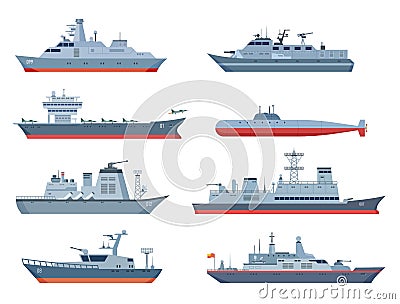 Military boats. Navy ship, sea or ocean transport. War boat with fighter aircraft. Isolated flat submarine, battleship Vector Illustration