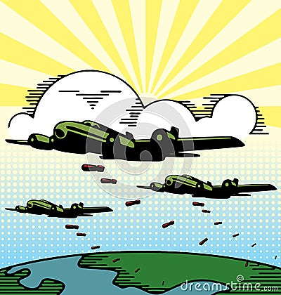 Military bomber planes dropping bombs. Vector Illustration