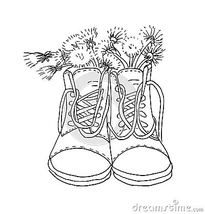 Military boots with a high back as a flower vase for dandelions in style outline on white background isolated. For tattoo, icons, Stock Photo