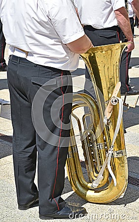 Military brass band members with instruments Stock Photo