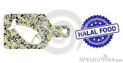 Grunge Halal Food Stamp Seal and Military Camouflage Collage of Fish Cutting Board Vector Illustration