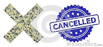 Scratched Cancelled Stamp Seal and Military Camouflage Composition of Reject Cross Vector Illustration