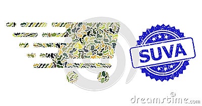 Scratched Suva Stamp Seal and Military Camouflage Collage of Shopping Cart Vector Illustration