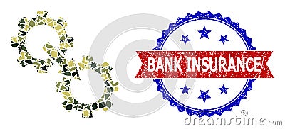 Military Camouflage Gears Integration Icon Collage and Textured Bicolor Bank Insurance Seal Vector Illustration
