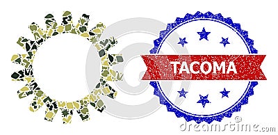 Military Camouflage Gearwheel Icon Mosaic and Unclean Bicolor Tacoma Stamp Seal Vector Illustration