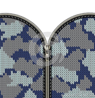 Military camouflage knitted texture with lock as a fabric texture in khaki hues. Fastener and zipper isolated on knitted Vector Illustration