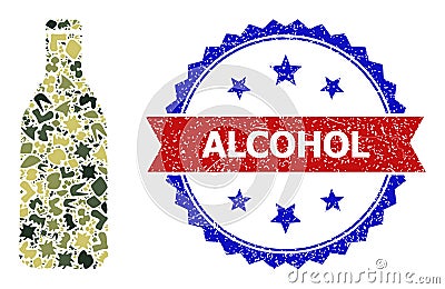 Military Camouflage Beer Bottle Icon Mosaic and Scratched Bicolor Alcohol Watermark Vector Illustration