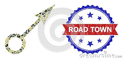 Military Camouflage Point Direction Icon Composition and Scratched Bicolor Road Town Seal Vector Illustration