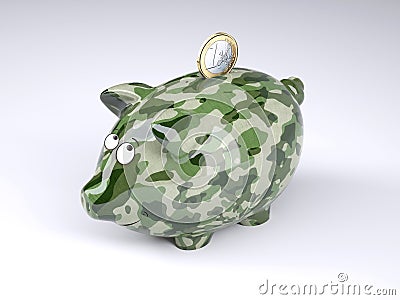 Military camouflage painted piggy bank with euro coin Cartoon Illustration