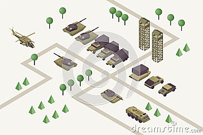 Military camp isometric vector illustration. Combat training ground with watchtowers, heavy machinery, armored Vector Illustration