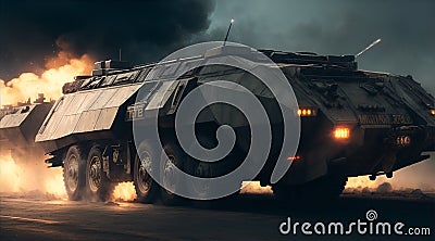 Military car blade runner, smoke, medium weathering on hull, AI Generative Illustration Stock Photo
