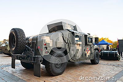 Military car sapper HUMVEE HUMMER of the Ukrainian army. Exhibition of military equipment in Kiev. Military technology. Ukraine Editorial Stock Photo