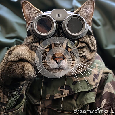 Military Cat, Partisan, Terrorist, Scout, Very Severe Cat Prepared for War in a Military Uniform Stock Photo