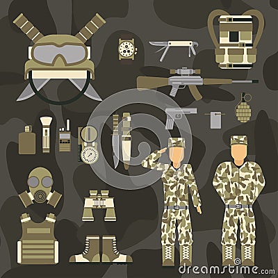 Military character weapon guns symbols armor man set forces design and american fighter ammunition navy camouflage sign Vector Illustration