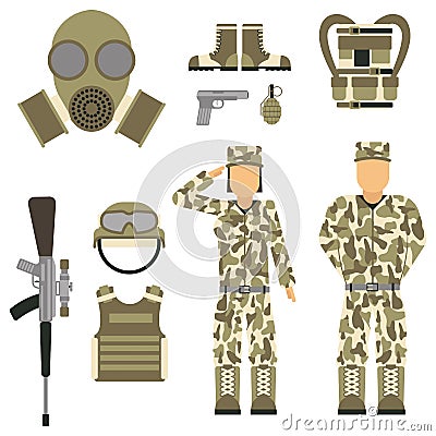 Military character weapon guns symbols armor man set forces design and american fighter ammunition navy camouflage sign Vector Illustration