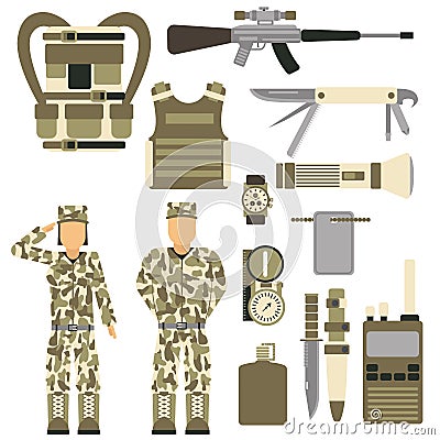 Military character weapon guns symbols armor man set forces design and american fighter ammunition navy camouflage sign Vector Illustration