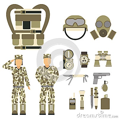 Military character weapon guns symbols armor man set forces design and american fighter ammunition navy camouflage sign Vector Illustration