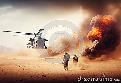 Military choppers or helicopters crosses fire illustration. Ai genrative Cartoon Illustration