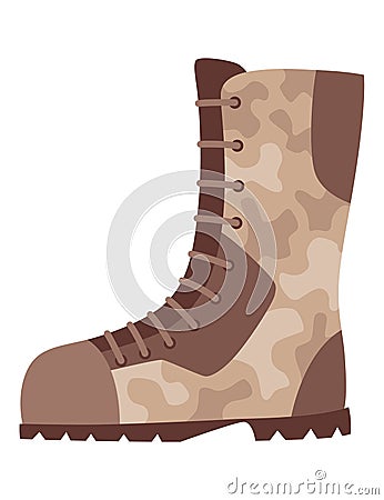 Military clothes, equipment for soldier. Woodland camouflage style, isolated icon. Isolated boots. Flat cartoon, vector Vector Illustration