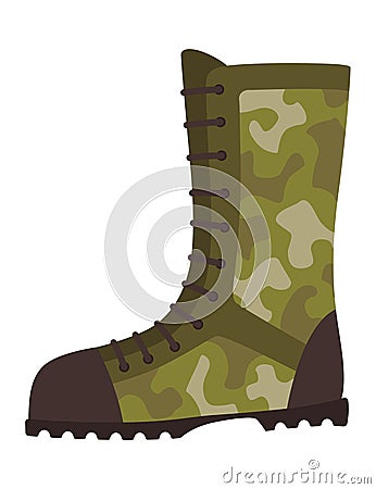 Military clothes, equipment for soldier. Woodland camouflage style, isolated icon. Isolated boots. Flat cartoon, vector Vector Illustration