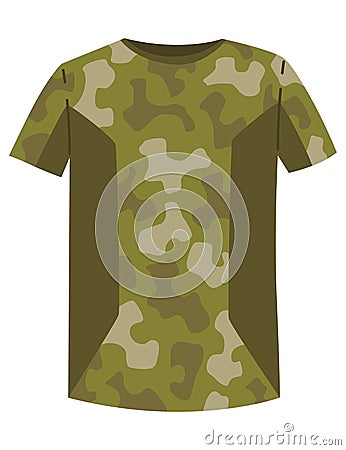 Military clothes, equipment for soldier. Woodland camouflage style, isolated icon. Isolated t-shirt. Flat cartoon Vector Illustration