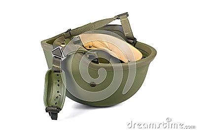 Military combat helmet with chin strap isolated Stock Photo