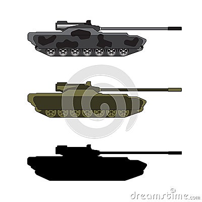 Military concept. Heavy equipment. Armored Corps. Set of detailed different kind colored tanks in green and gray Vector Illustration