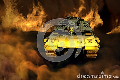 Forest camo miltary tank with not existing design in fight fire with fire all around, heroism concept - military 3D Illustration Stock Photo