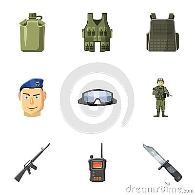 Military defense icons set, cartoon style Vector Illustration