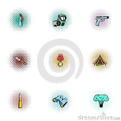 Military defense icons set, pop-art style Vector Illustration