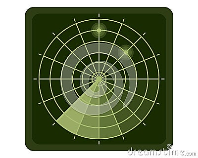 Military digital green radar or search system with targets on monitor. HUD radar display, air search or navy sonar Vector Illustration