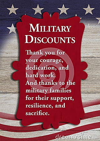 Military Discounts message on USA flag stars and stripes Stock Photo