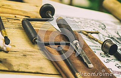 Military doctor tool surgeon medieval scalpel drill chisel closeup Stock Photo