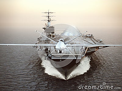 Military Drone aircraft launching from an aircraft carrier on a strike mission. Stock Photo