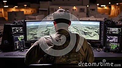 The Eye in the Sky: Military Drone Operator Monitoring and Controlling Army Drones, Generative AI Stock Photo