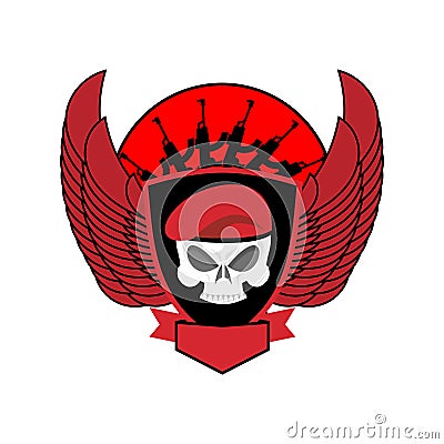 Military emblem Skull in beret. Wings and weapons. Army logo. S Vector Illustration