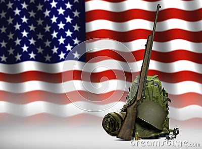 Military Equipment and American Flag Stock Photo