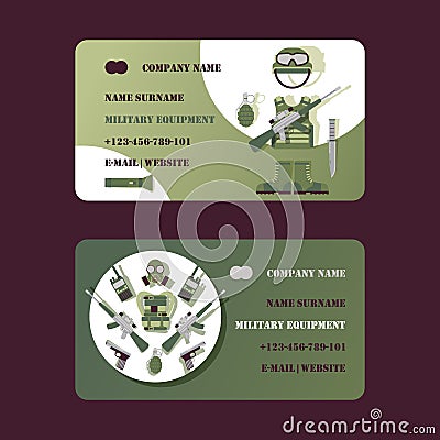 Military equipment business card design, vector illustration. Professional army shop advertisement card, camouflage Vector Illustration