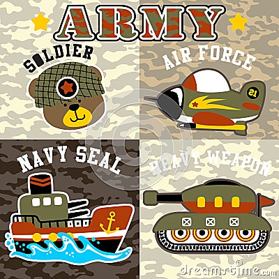 Military equipment cartoon with funny soldier head Vector Illustration