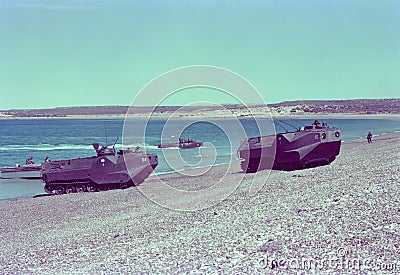 infantry on a beach in the atlantic ocean malvinas war Stock Photo