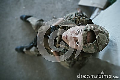 Military female soldier having a break Stock Photo