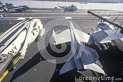 Military Fighter aircraft aboard the USS Forrestal Aircraft Carrier, New Orleans, Louisiana Editorial Stock Photo
