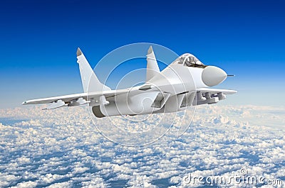 Military fighter aircraft at high speed, flying high in the dark blue sky. Stock Photo