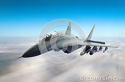 Military fighter aircraft at high speed, flying high in the sky. Stock Photo