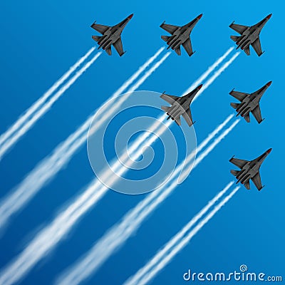 Military fighter jets with condensation trails in sky vector illustration Vector Illustration